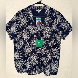 HANG TEN Blue & White Floral Hawaiian Shirt Button Up Women’s Size XL LinenBlend